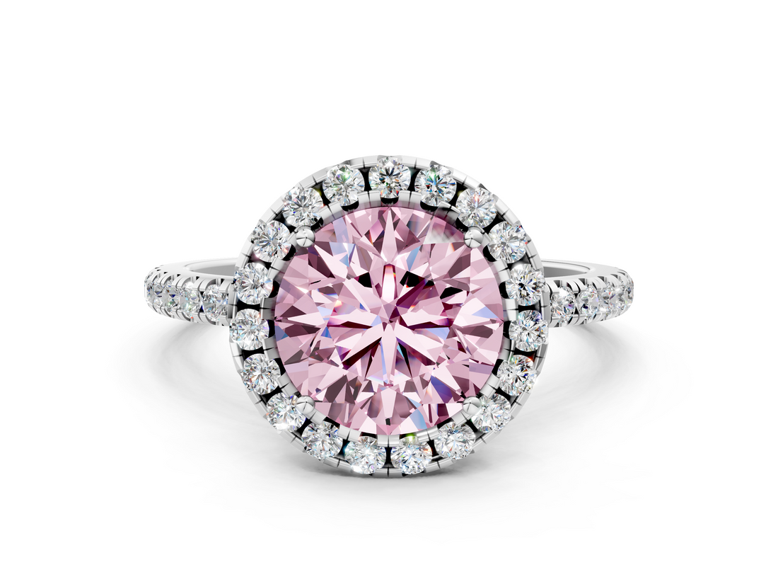 White gold Fancy Pink Round  Halo Round Diamond Pavé Band Four-Prong Ring_3