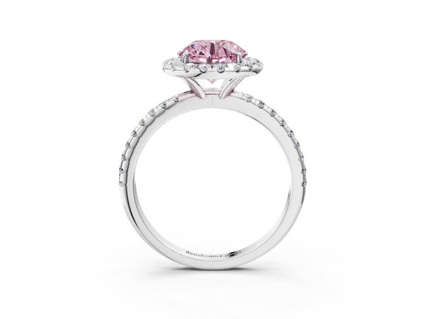 Platinum Fancy Pink Round  Halo Round Diamond Pavé Band Four-Prong Ring