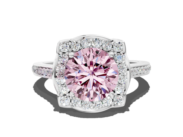White gold Fancy Pink Round  Halo Round Diamond Pave Band with Four-Prong Setting