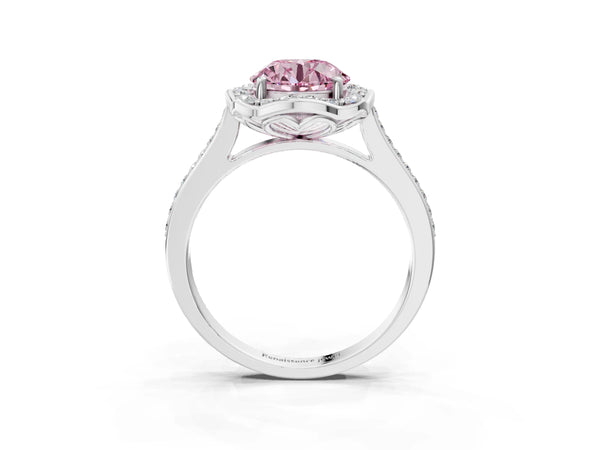 White gold Fancy Pink Round  Halo Round Diamond Pave Band with Four-Prong Setting