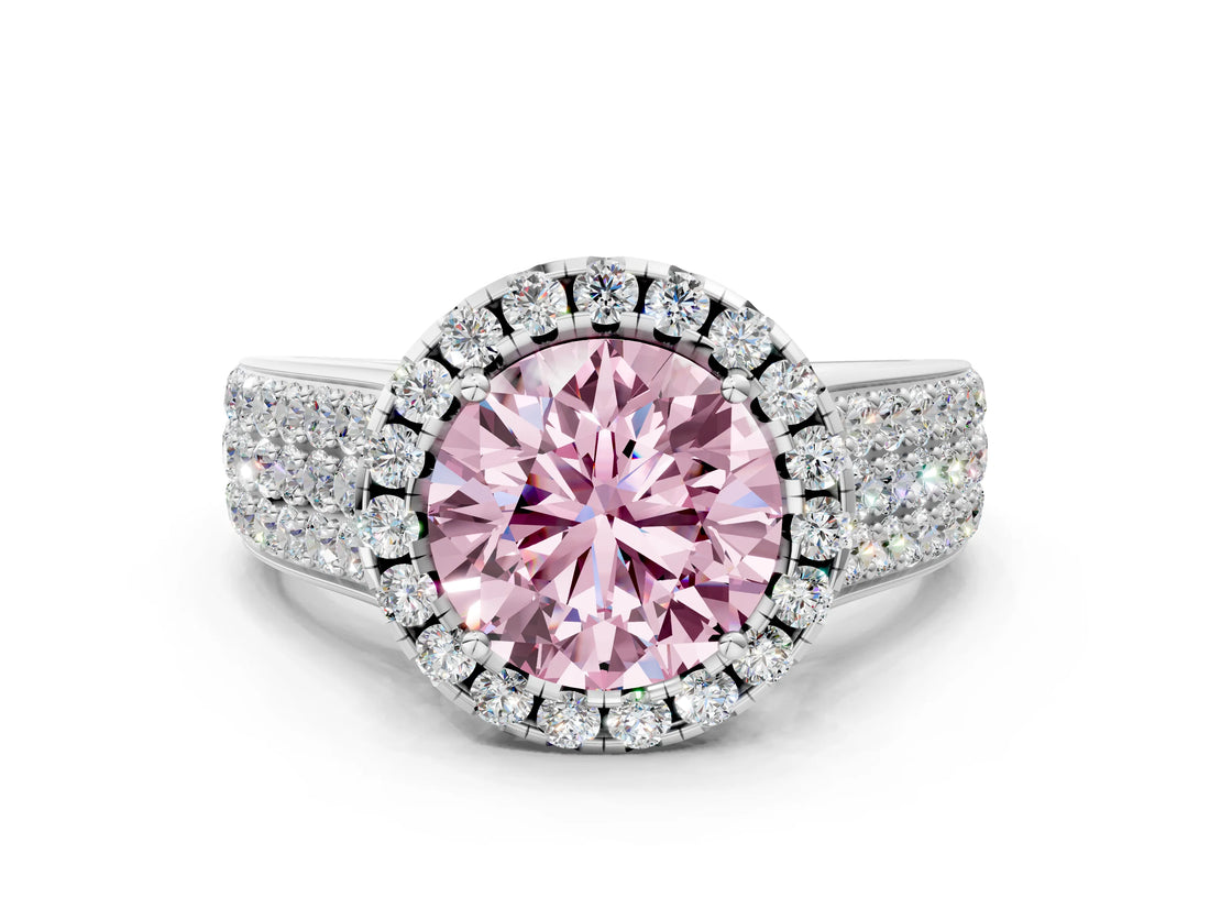 White gold Fancy Pink Round  Halo Round Diamond Pave Band with Prong Setting 2