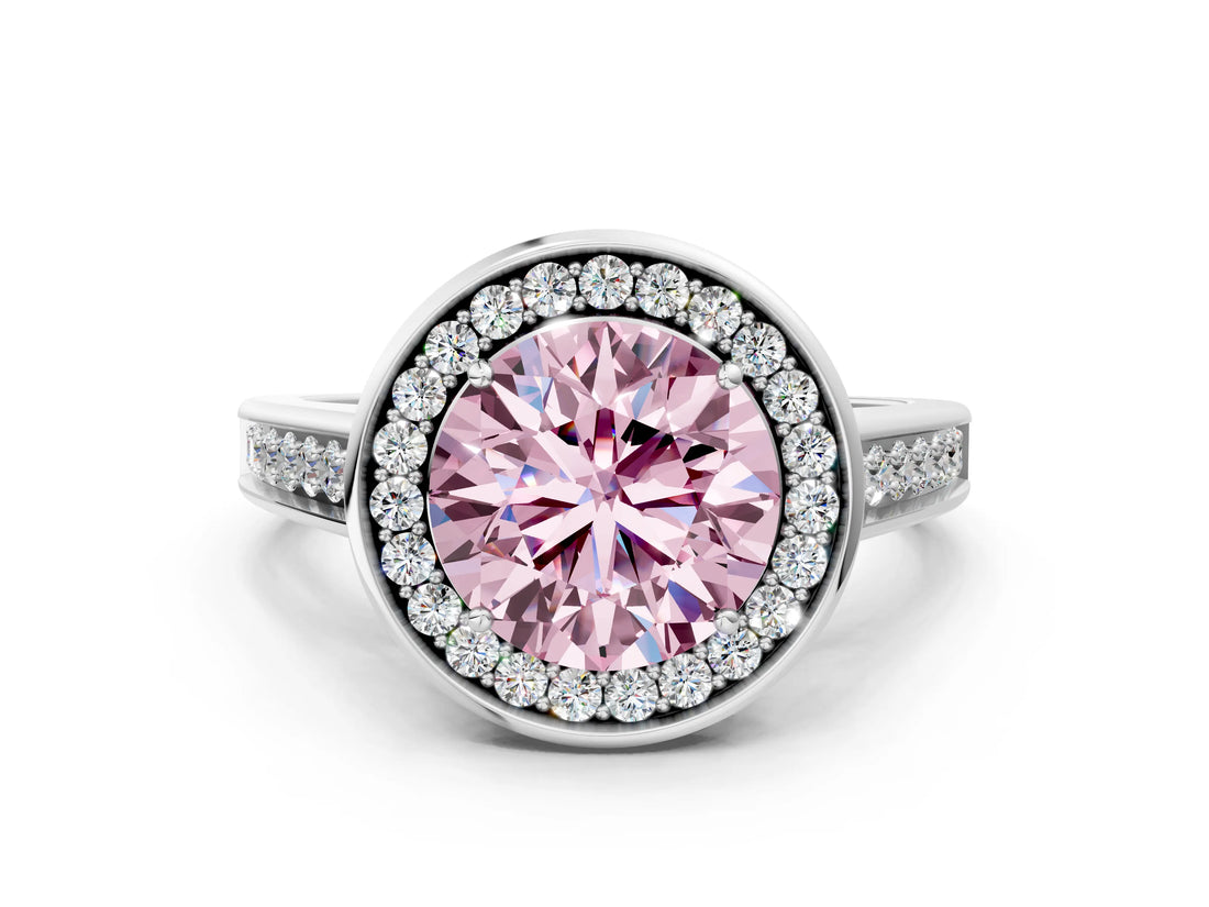 White gold Fancy Pink Round  Halo Solitaire Diamond Ring with Pave Band and Bezel Setting_29