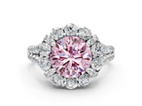 White gold Fancy Pink Round  Halo Split Shank Diamond Engagement Ring with Pave Band and Four-Prong Setting