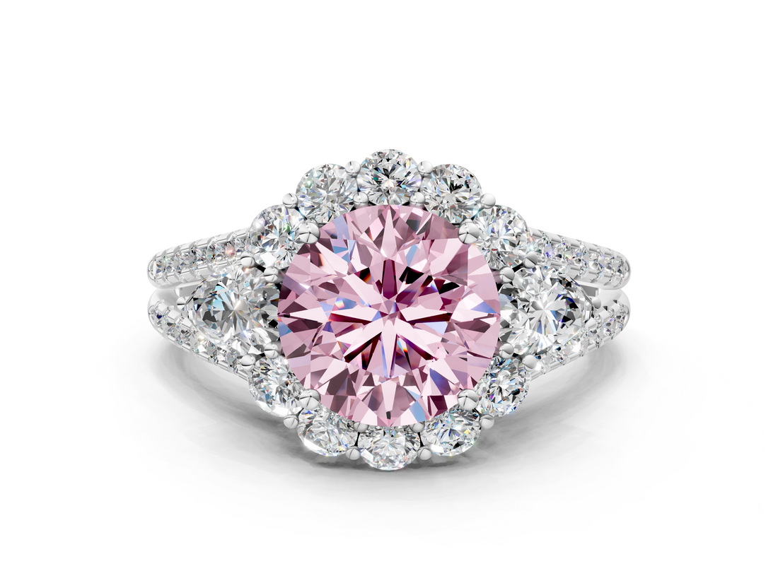 White gold Fancy Pink Round  Halo Split Shank Diamond Engagement Ring with Prong Setting
