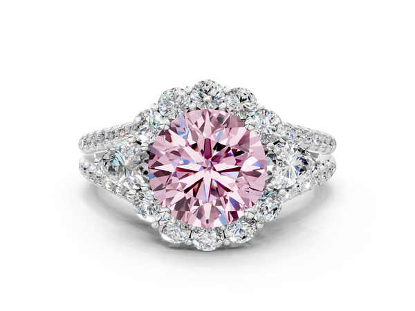 Platinum Fancy Pink Round  Halo Split Shank Diamond Engagement Ring with Prong Setting