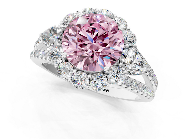 Platinum Fancy Pink Round  Halo Split Shank Diamond Engagement Ring with Prong Setting