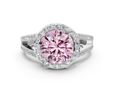 White gold Fancy Pink Round  Halo Split Shank Diamond Ring with Four-Prong Setting