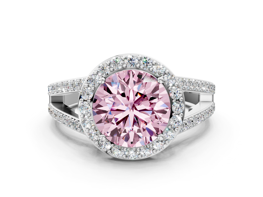 White gold Fancy Pink Round  Halo Split Shank Diamond Ring with Four-Prong Setting