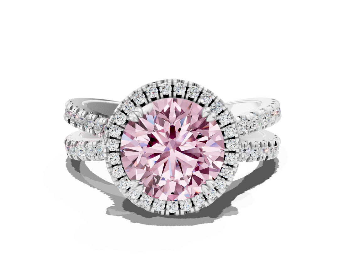 White gold Fancy Pink Round  Halo Split Shank Diamond Ring with Pavé Setting_37