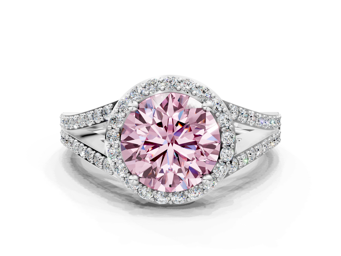 White gold Fancy Pink Round  Halo Split Shank Diamond Ring with Prong Setting