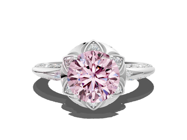 White gold Fancy Pink Round  Halo Split Shank Pave Diamond Ring with Petal Prong Setting