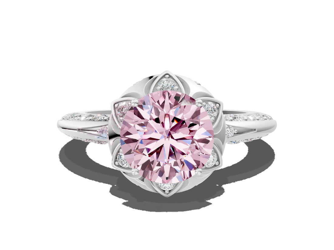 White gold Fancy Pink Round  Halo Split Shank Pave Diamond Ring with Petal Prong Setting_33