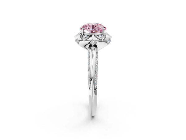 White gold Fancy Pink Round  Halo Split Shank Pave Diamond Ring with Petal Prong Setting