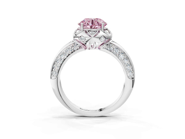 White gold Fancy Pink Round  Halo Split Shank Pave Diamond Ring with Petal Prong Setting