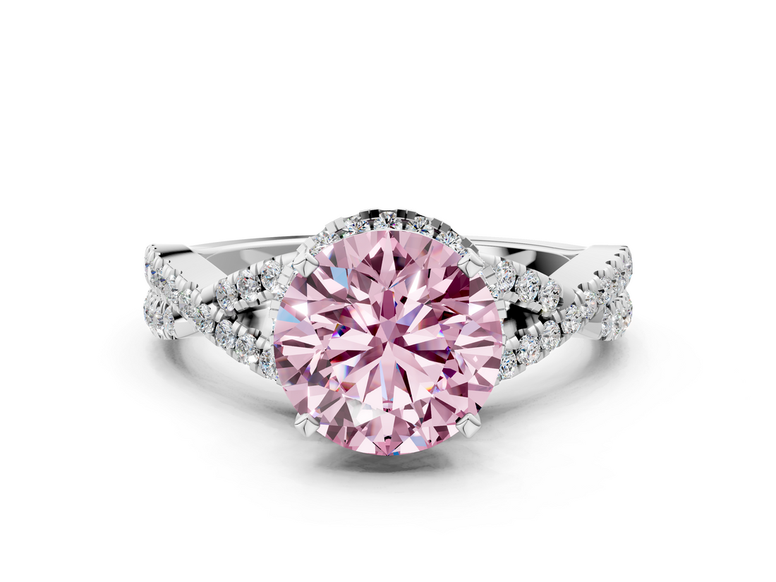White gold Fancy Pink Round  Halo Twist Band Solitaire Prong Setting Ring