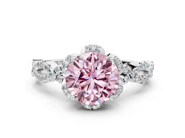 Platinum Fancy Pink Round  Halo Twist Band Solitaire Ring with Six-Prong Setting