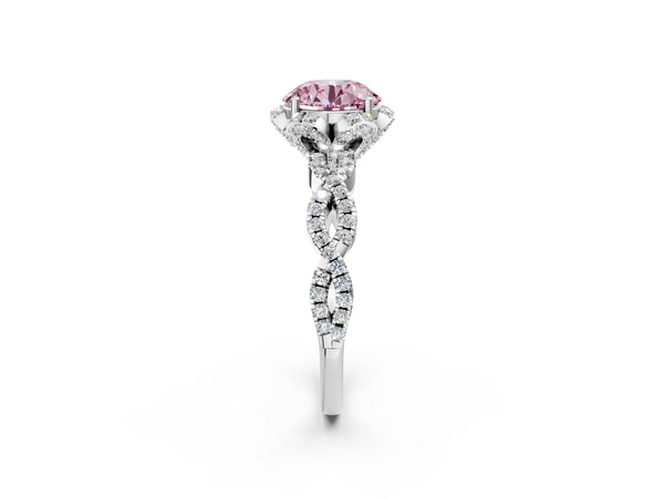Platinum Fancy Pink Round  Halo Twist Band Solitaire Ring with Six-Prong Setting