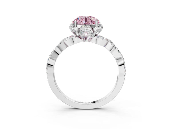 Platinum Fancy Pink Round  Halo Twist Band Solitaire Ring with Six-Prong Setting
