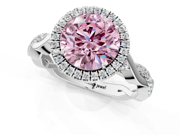 White gold Fancy Pink Round  Halo Twist Band Solitaire Ring