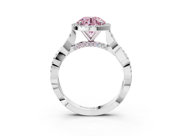 White gold Fancy Pink Round  Halo Twist Band Solitaire Ring