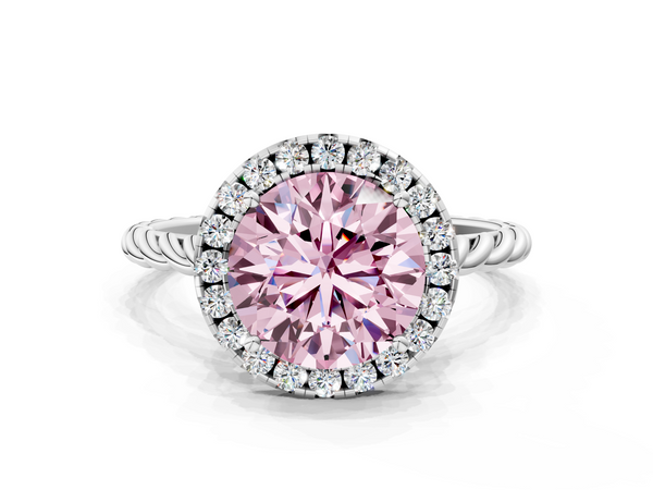 Platinum Fancy Pink Round  Halo Twisted Band Four-Prong Diamond Ring