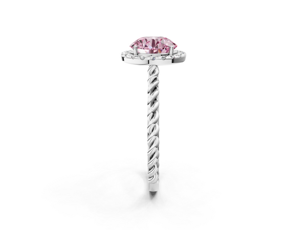 Platinum Fancy Pink Round  Halo Twisted Band Four-Prong Diamond Ring