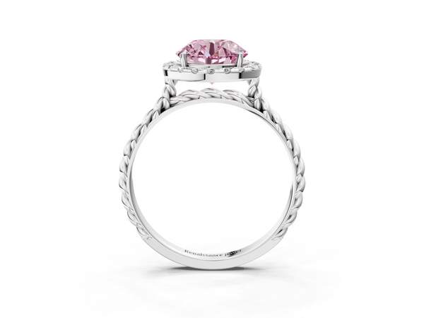 Platinum Fancy Pink Round  Halo Twisted Band Four-Prong Diamond Ring