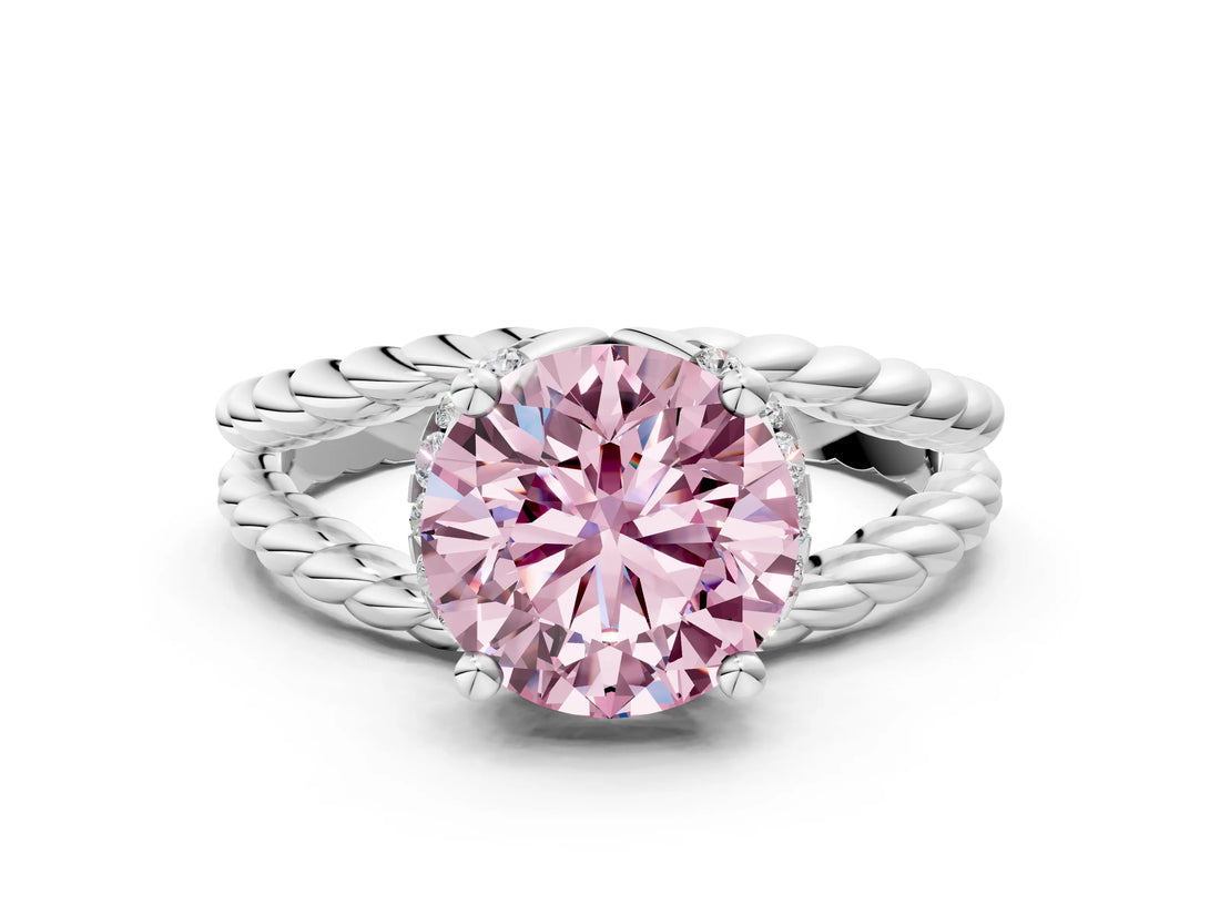 White gold Fancy Pink Round  Halo Twisted Band Four-Prong Ring_32