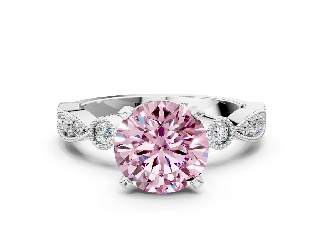 White gold Fancy Pink Round  Milgrain Bezel Diamond Engagement Ring with Solitaire Prong Setting_29