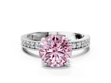 White gold Fancy Pink Round  Milgrain Pave Diamond Engagement Ring with Four-Prong Setting