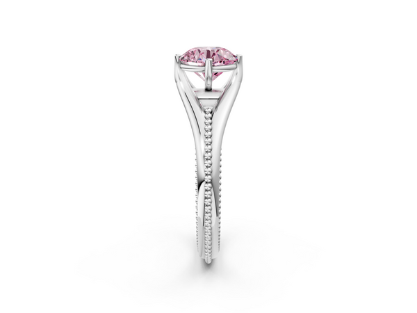 White gold Fancy Pink Round  Solitaire Beaded Band Six-Prong Setting