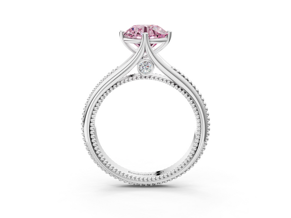 White gold Fancy Pink Round  Solitaire Beaded Band Six-Prong Setting