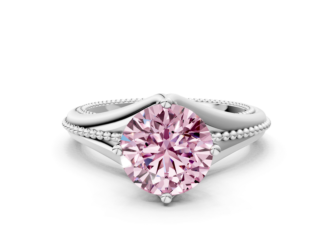 White gold Fancy Pink Round  Solitaire Beaded Band Six-Prong Setting