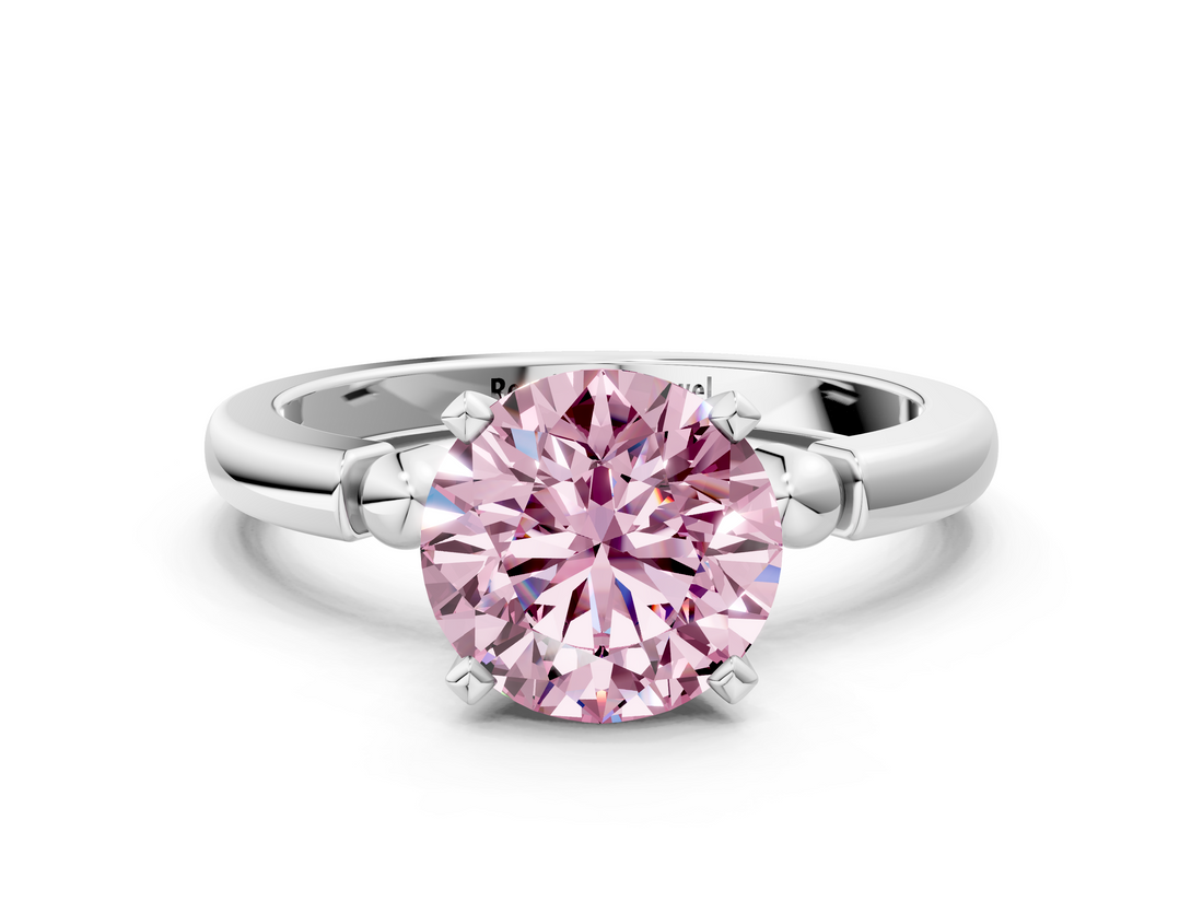White gold Fancy Pink Round  Solitaire Beaded Band with Four-Prong Setting