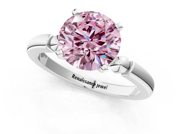 Platinum Fancy Pink Round  Solitaire Beaded Band with Four-Prong Setting