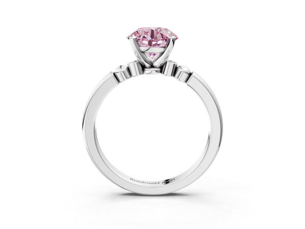 Platinum Fancy Pink Round  Solitaire Beaded Band with Four-Prong Setting