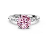 White gold Fancy Pink Round  Solitaire Bezel Accent Diamond Engagement Ring with Beaded Band and Four-Prong Setting