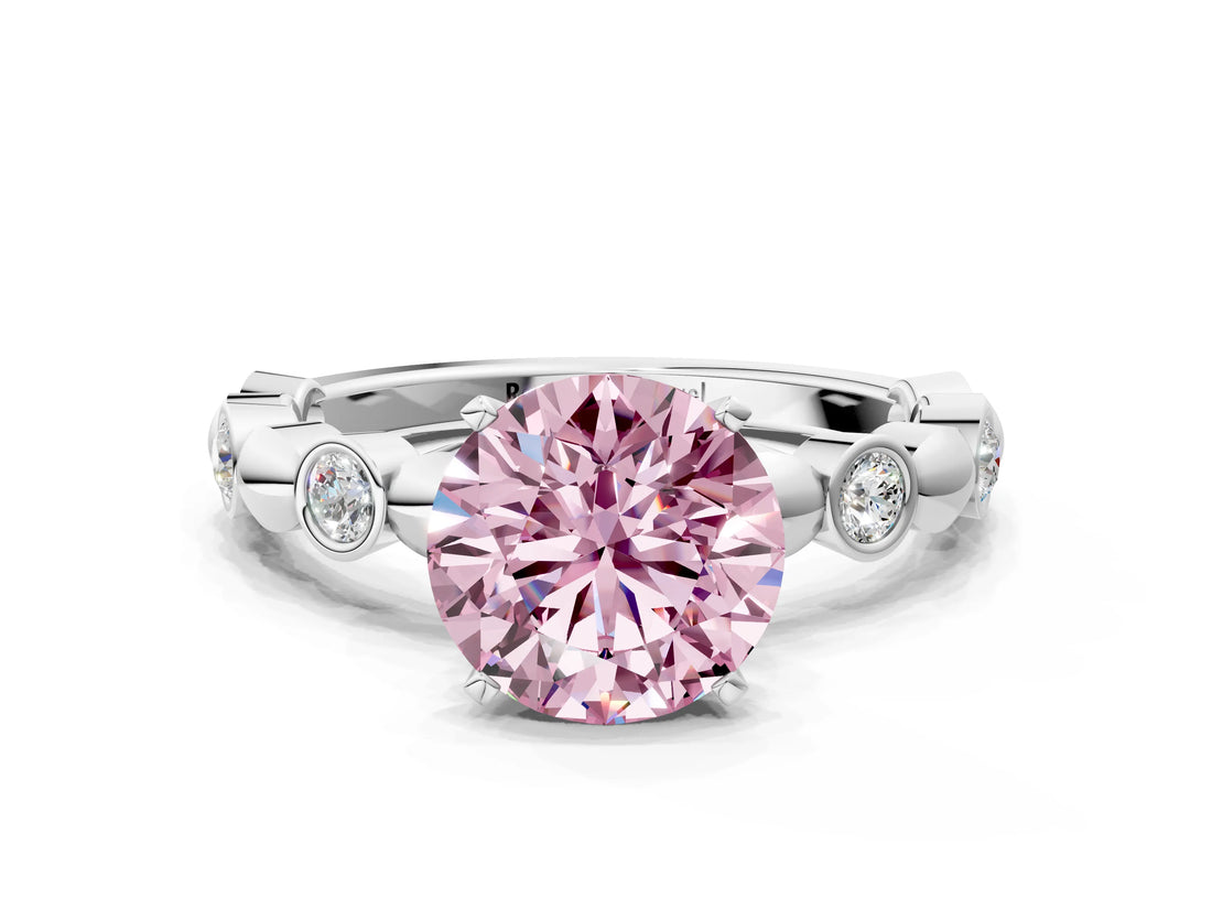 White gold Fancy Pink Round  Solitaire Bezel-Set Diamond Ring with Beaded Band and Four-Prong Setting_71