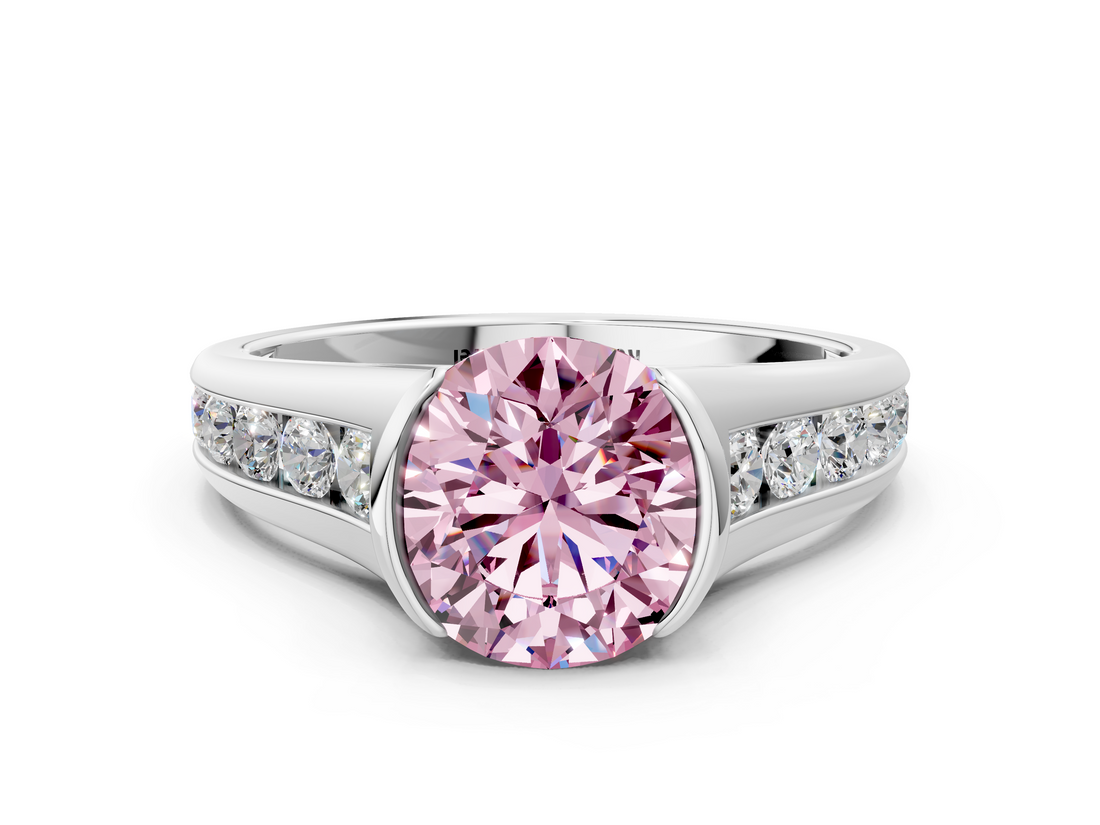 White gold Fancy Pink Round  Solitaire Bezel-Set Diamond Ring with Channel-Set Band