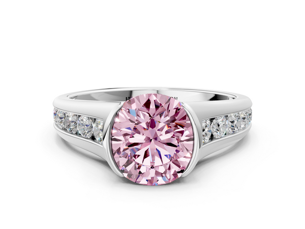 White gold Fancy Pink Round  Solitaire Bezel-Set Diamond Ring with Channel-Set Band