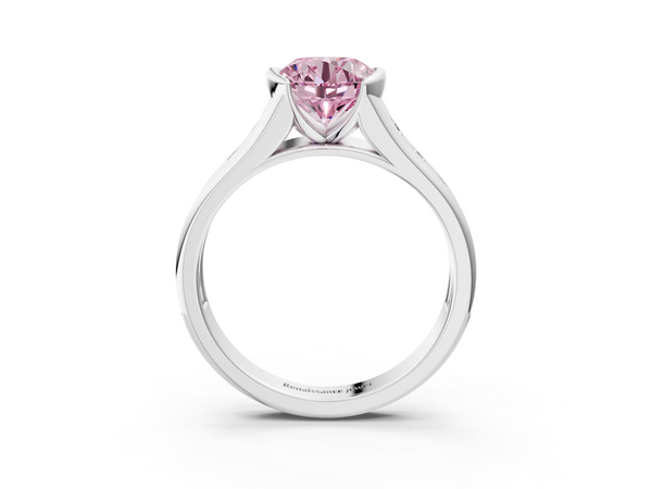 White gold Fancy Pink Round  Solitaire Bezel-Set Diamond Ring with Channel-Set Band
