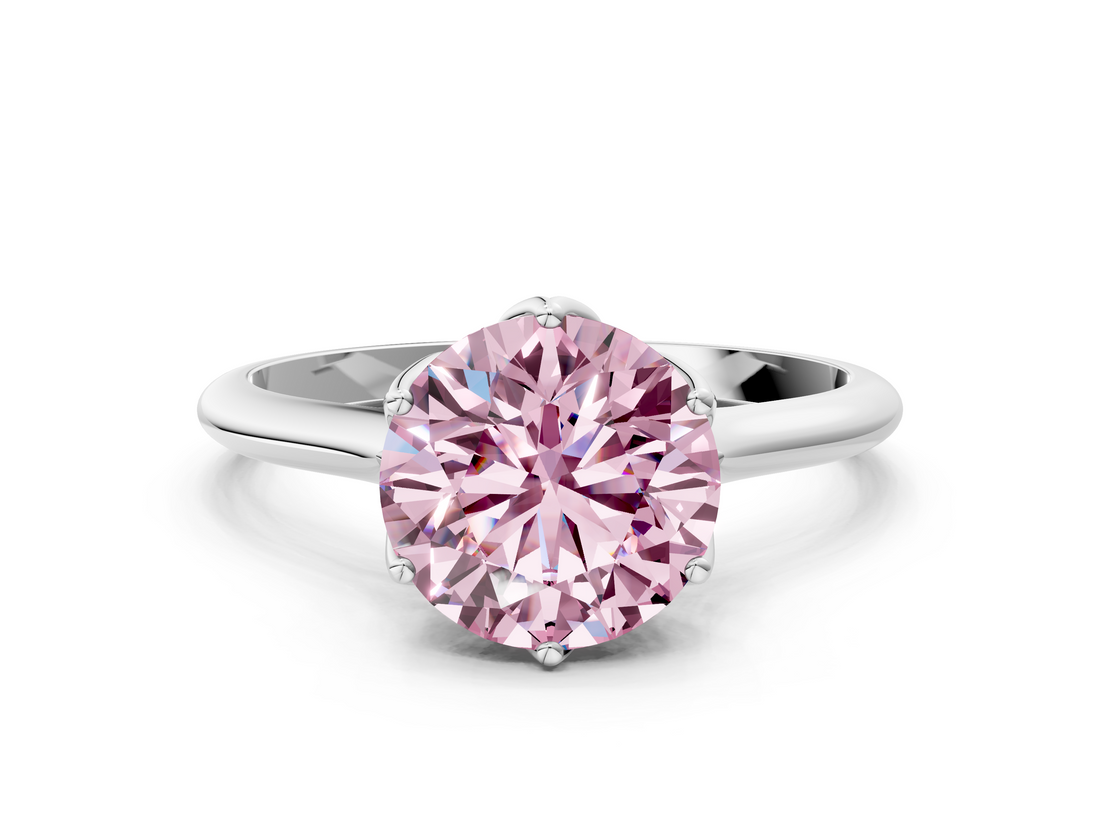 White gold Fancy Pink Round  Solitaire Cathedral Diamond Ring with Six-Prong Setting