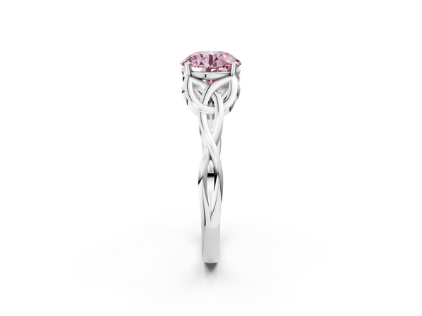 White gold Fancy Pink Round Cut Diamond Solitaire Engagement Ring with Celtic Knot Band and Four-Prong Setting
