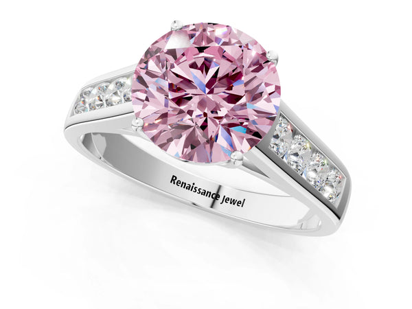 Platinum Fancy Pink Round  Solitaire Channel-Set Diamond Engagement Ring with Four-Prong Setting