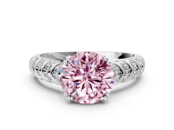 Platinum Fancy Pink Round  Solitaire Chevron Pave Diamond Engagement Ring with Six-Prong Setting
