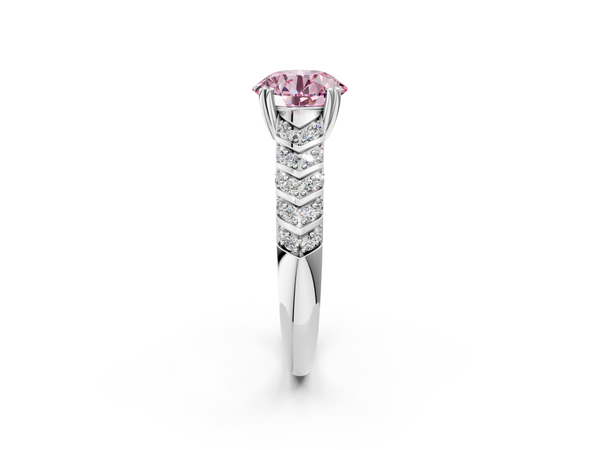 Platinum Fancy Pink Round  Solitaire Chevron Pave Diamond Engagement Ring with Six-Prong Setting
