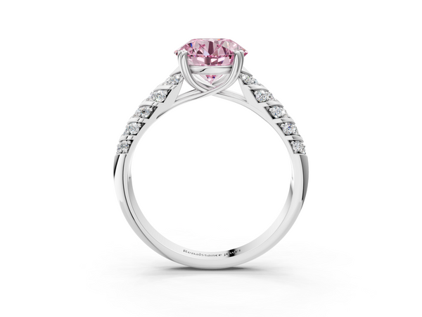Platinum Fancy Pink Round  Solitaire Chevron Pave Diamond Engagement Ring with Six-Prong Setting