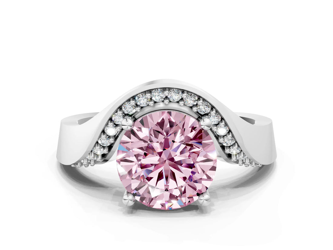 White gold Fancy Pink Round  Solitaire Diamond Engagement Ring with Pave Band and Four-Prong Setting 1