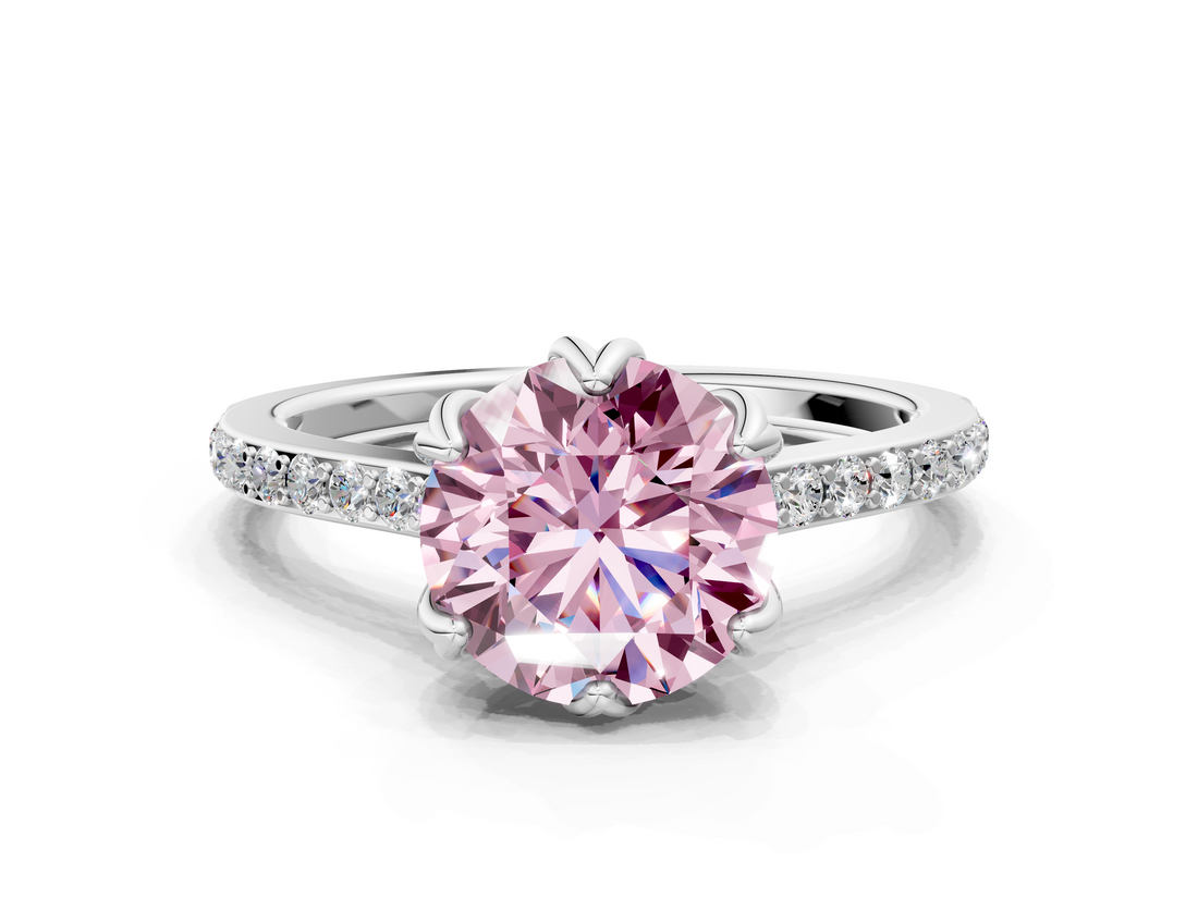 White gold Fancy Pink Round  Solitaire Diamond Engagement Ring with Pave Band and Six-Prong Setting