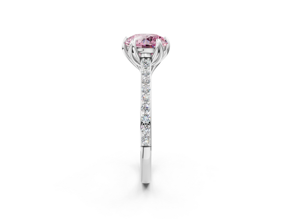 Platinum Fancy Pink Round  Solitaire Diamond Engagement Ring with Pave Band and Six-Prong Setting